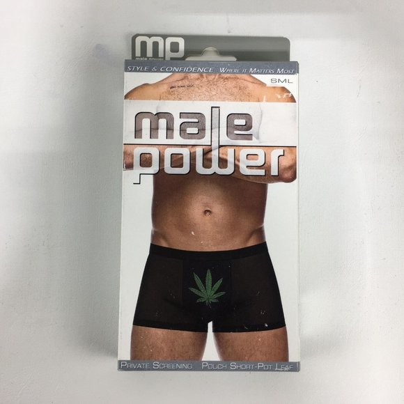 Male Power Private Screening Pot Leaf Pouch Short, Men's Size S - Black - Picture 1 of 5